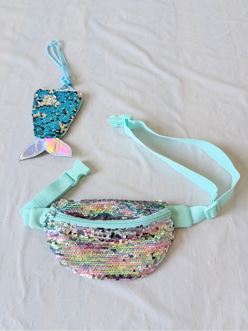 Justice Pastel Rainbow Flip Sequin Fanny Pack Aqua blue Adjustable Strap nWOT